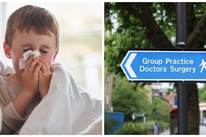 sneezing child and GP sign