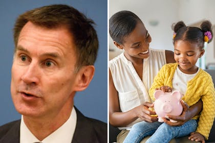 Jeremy Hunt/mum and daughter putting money in a piggy bank