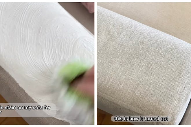 Cleaning stain on sofa with shaving foam, before and after