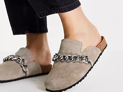 ASOS DESIGN Molly suede mule with silver hardware in taupe