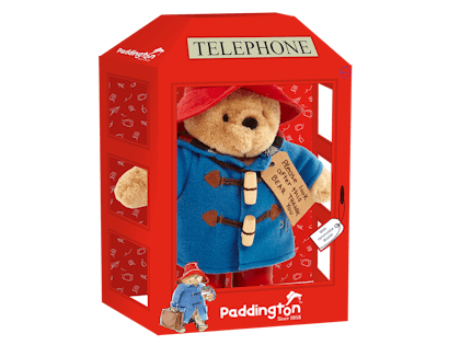 Paddington bear soft toy in red phone box packaging