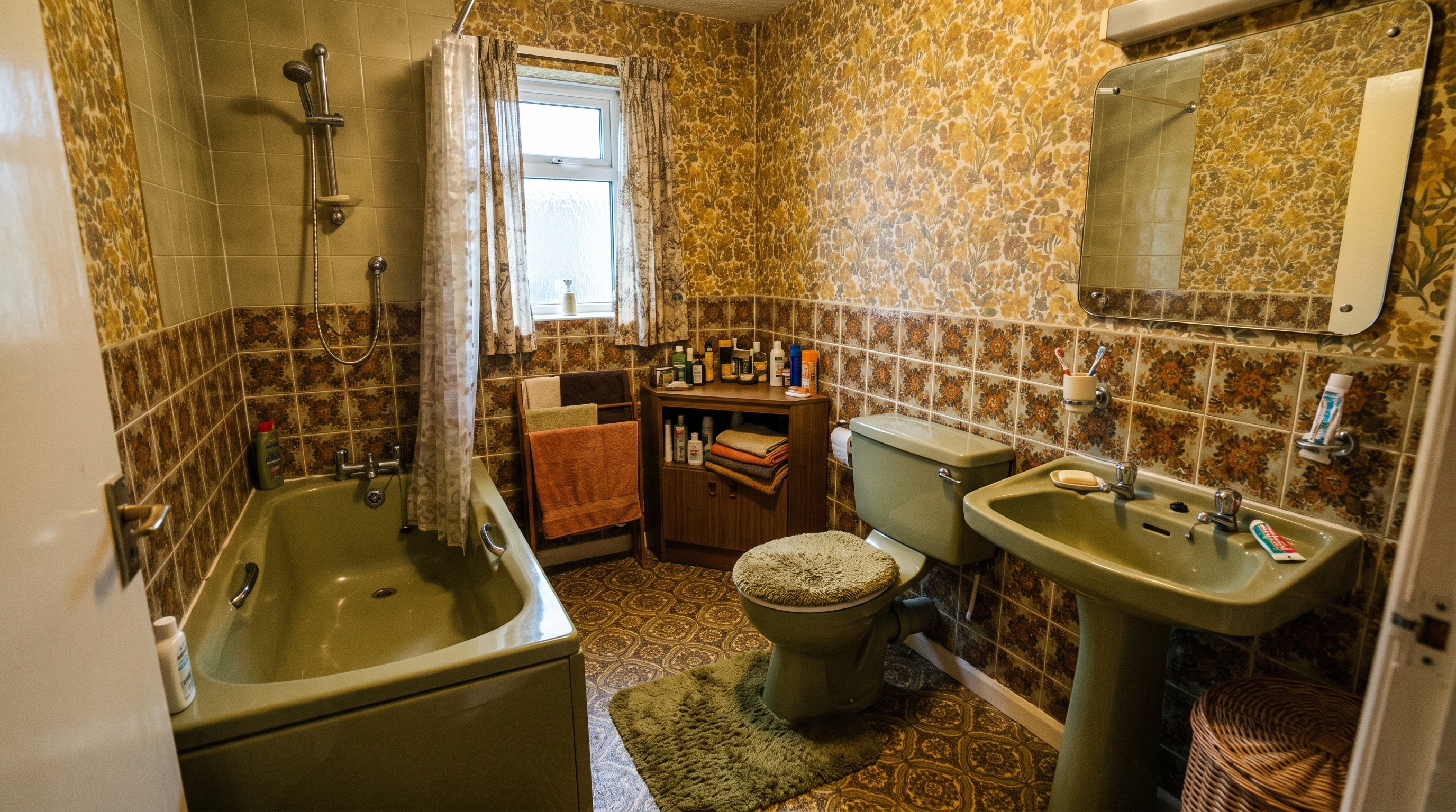 A 1970s-style avocado-coloured bathroom suite