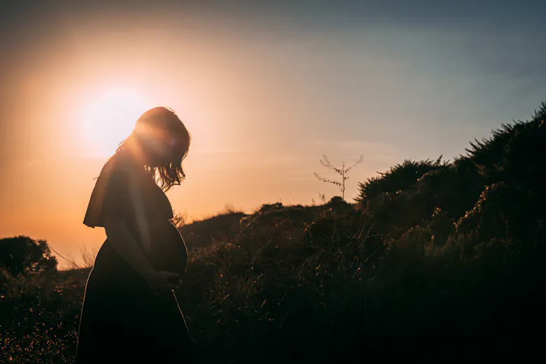 Femme enceinte et coucher de soleil dans la nature