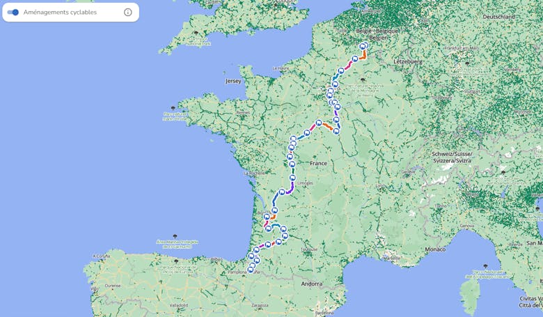 Carte de France qui retrace le parcours de la Scandibérique