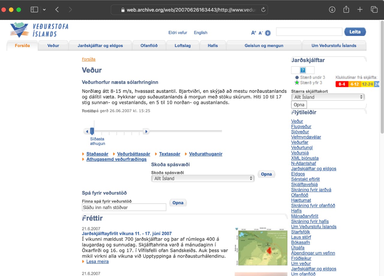 Vedur.is árið 2007 fékk stóra uppfærslu. Ímyndið ykkur Íslandskortið með láréttaskruninu