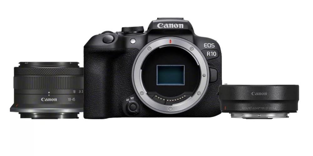Canon EOS R10 spegillaus myndavél með 18-45 mm linsu og breytistykki