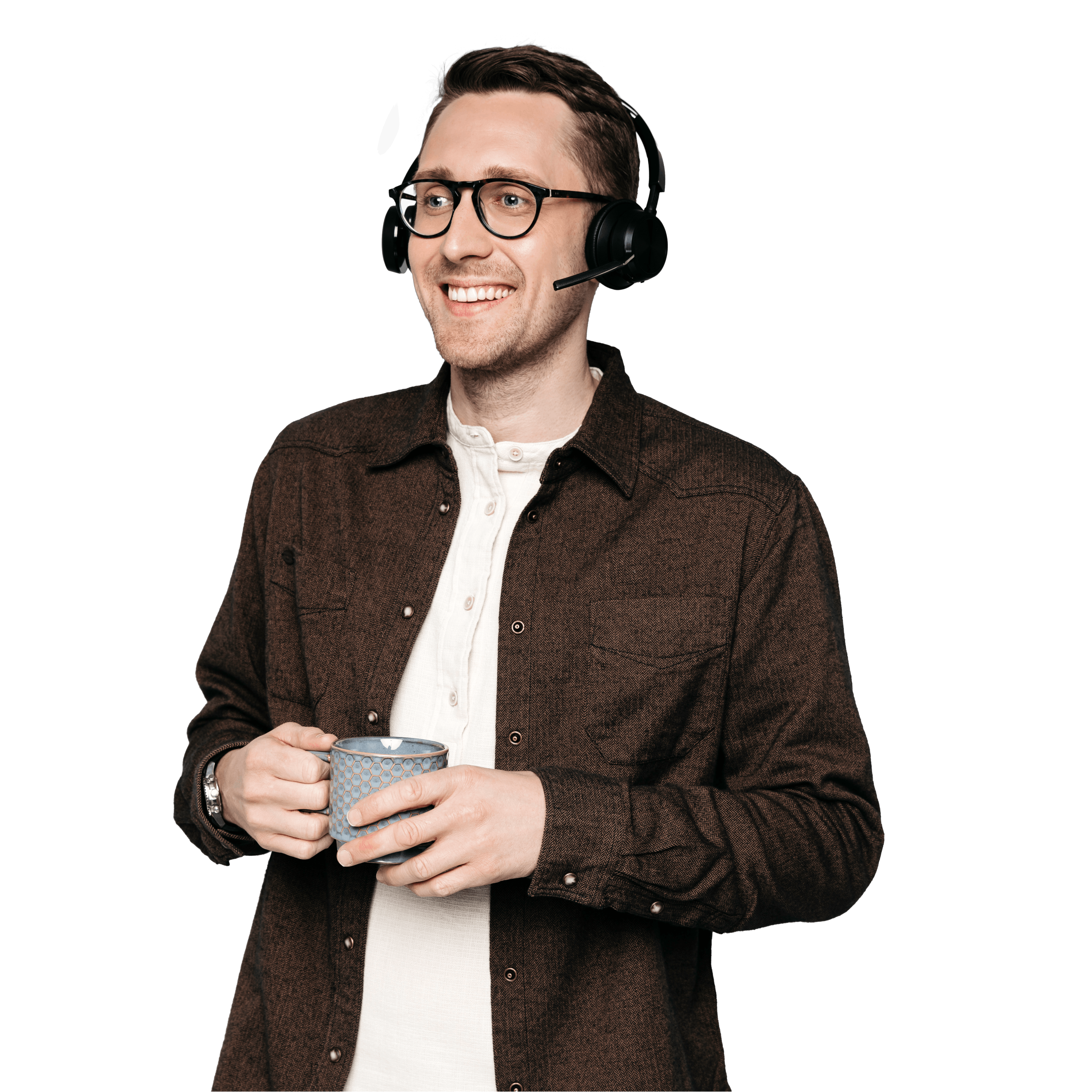 Dökkhærður maður með gleraugu og headset