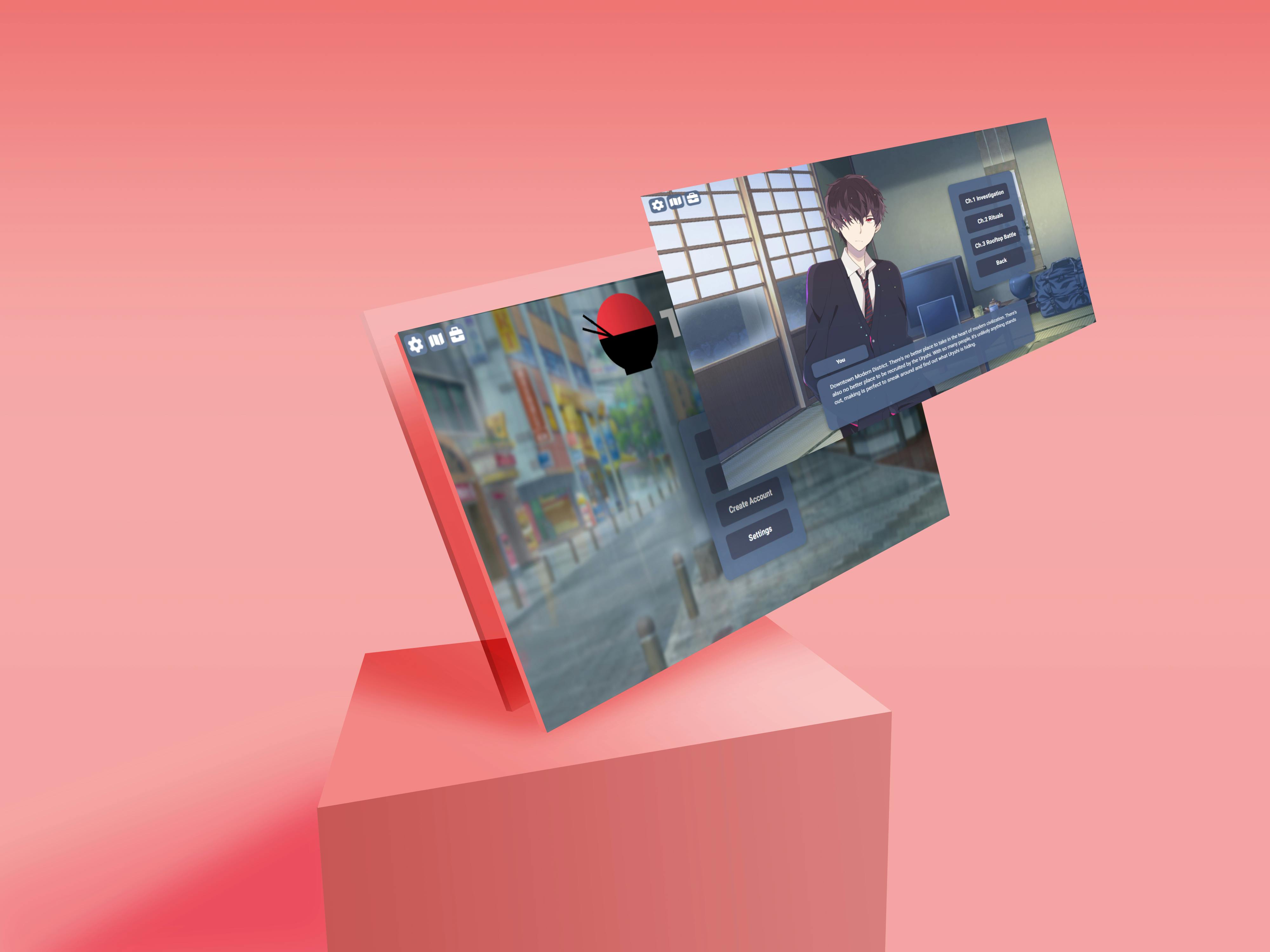 Two screens of https://toksan.ca with a glass background and solid cube for the screens to lean diagonally on . The first screen has a photo of the Home location with the main character speaking, as well as a navigation menu. The second is the splash screen of the game, with the main menu.  