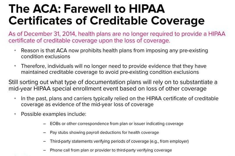 ACA Farewell to HIPAA Certificates of Creditable Coverage