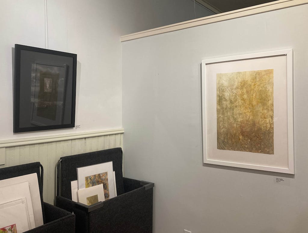 “Studio View", etching by Rosemarie Bernardi (left) and “Winter Wetlands #6", monotype by Kate Higley (right)