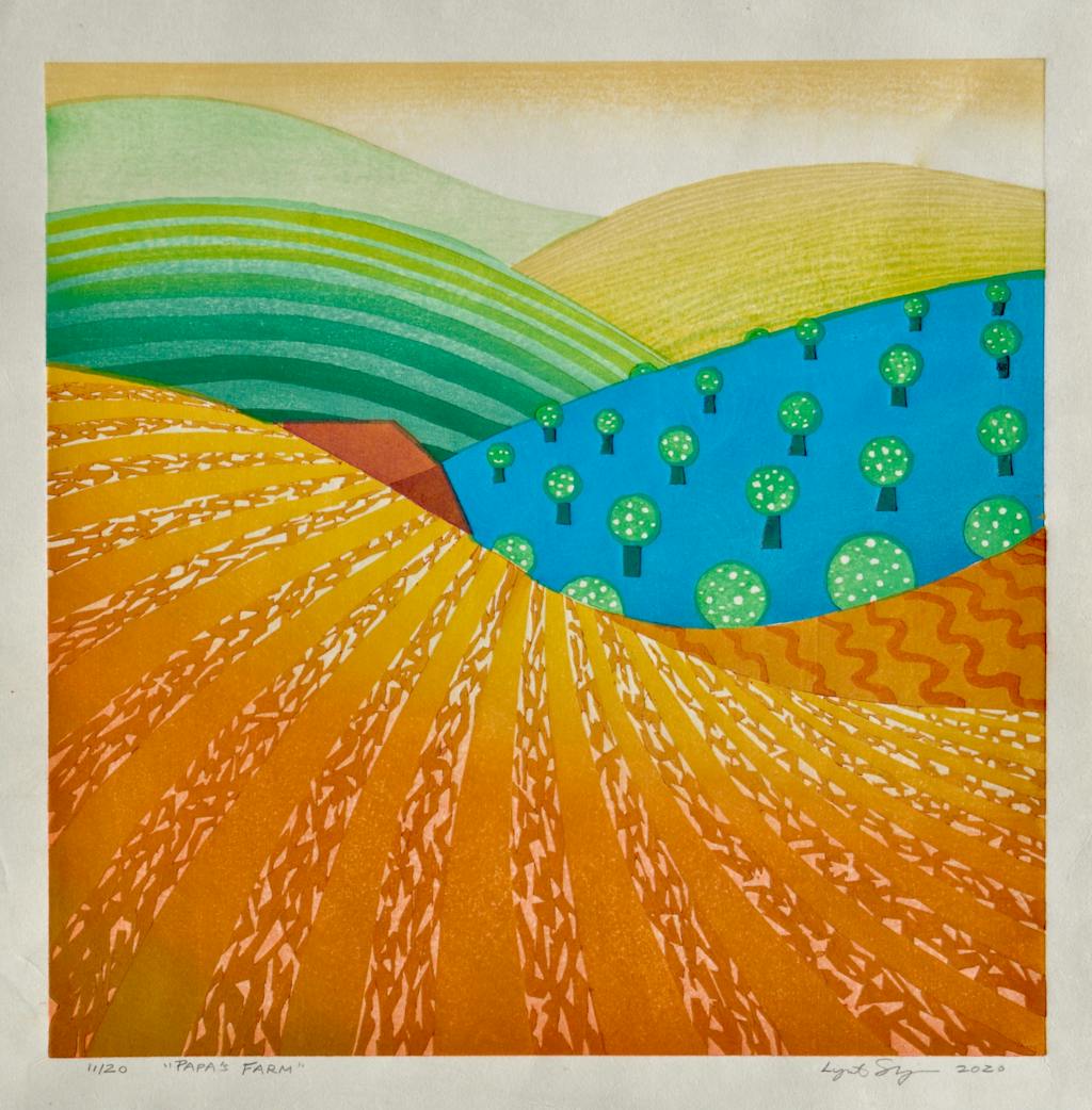 "Papa's Farm", color woodblock print by Lynita Shimizu, 12" x 12"