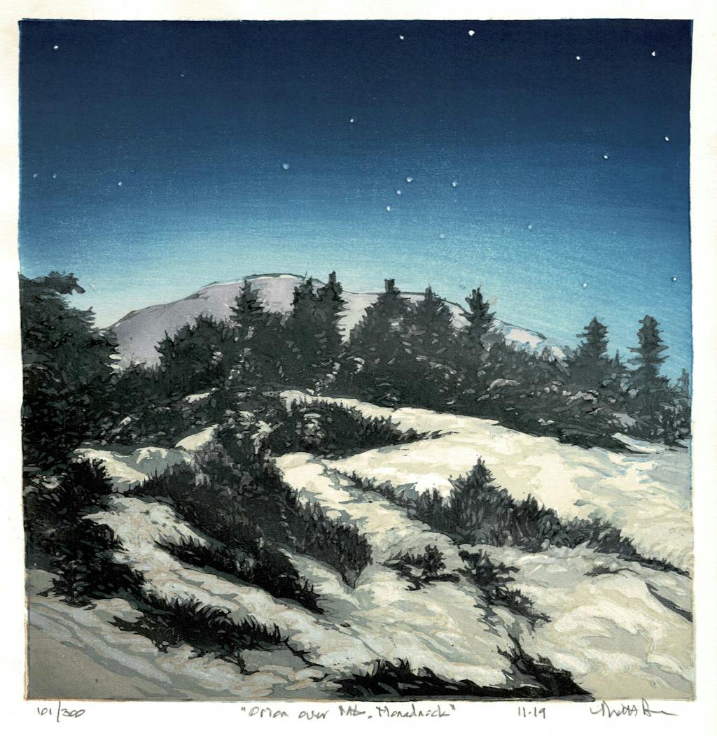 "Orion over Mt. Monadnock", color woodblock print, 10" x 10"