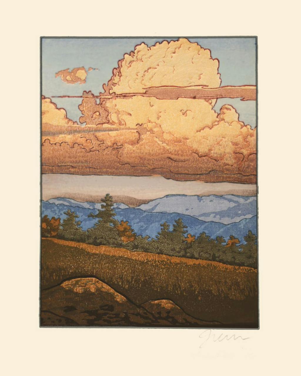 “Cole Mtn., VA", color woodblock print by John Amoss, 10" x 8"