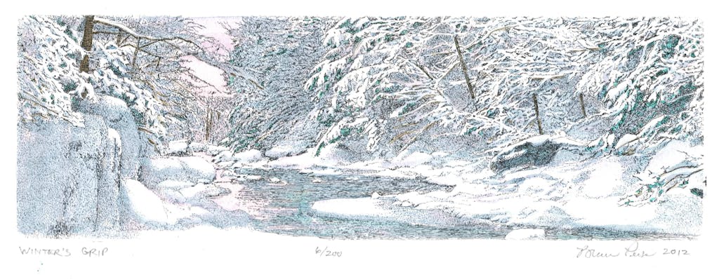 Bruce Peck' "Winter's Grip" is, at first glance, a depiction of our world lying leafless in the depth of winter. But with its patterned depiction of snow-drenched drooping branches, its feeling for the moving water of a stream in winter, its subtle coloring suggesting the greens of evergreen boughs and a hopeful pink in a far-off sky, "Winter's Grip" reminds that those leaves will return, for sure.