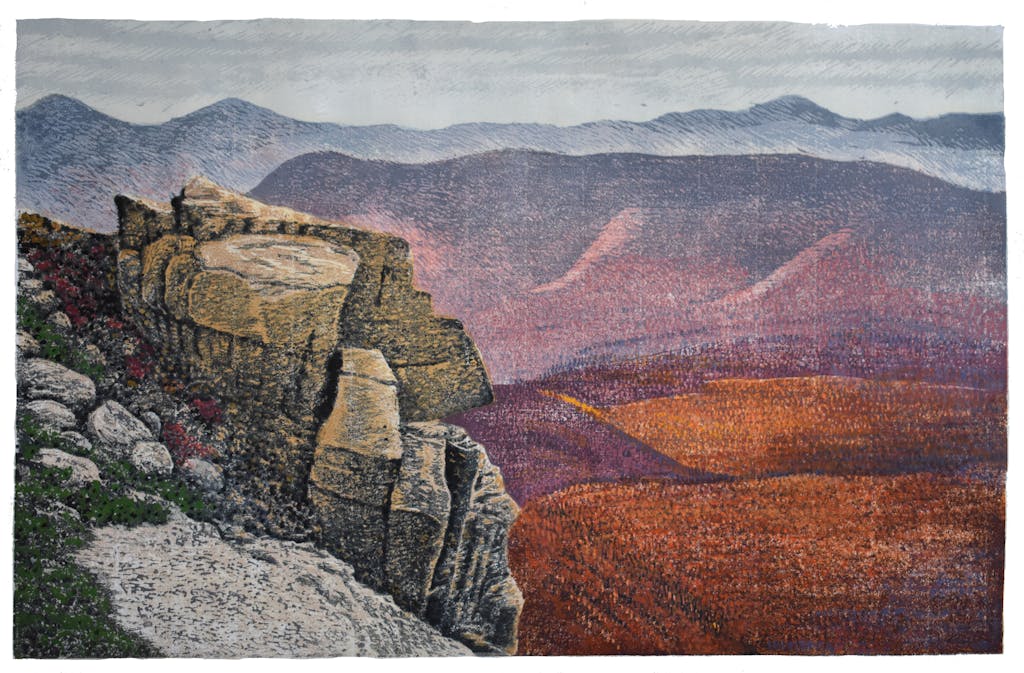 "Bond Cliff", color woodblock print by Rick Gerber, 13" x 20.5"