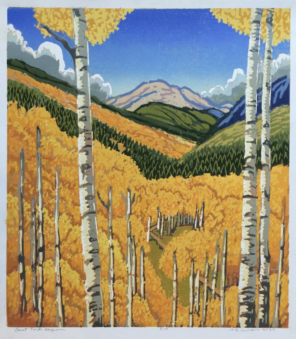Angie Coleman's linocut print "East Fork Aspens" uses full-bodied heavy ink, the brilliant colors of this print are like the sunlit leaves against a bold blue sky in the fall. My own opinion? The print shouts out an appreciation and gratitude for the leaves of these trees which beautify the hills and mountains of our world.
