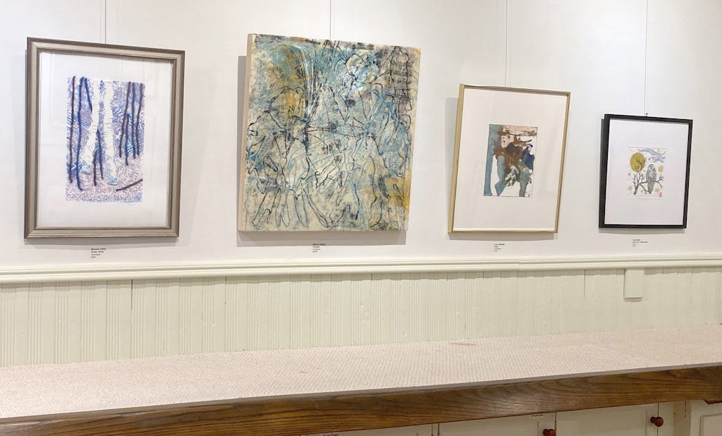 Prints from left to right: 
“Winter White", monotype by Mimzie Uhler,
“Vestiges", monotype by Debra Clafley
“Hope", monotype by Lucy Mueller
“Snowy Owl, Winter Night", linocut by Pam Smith