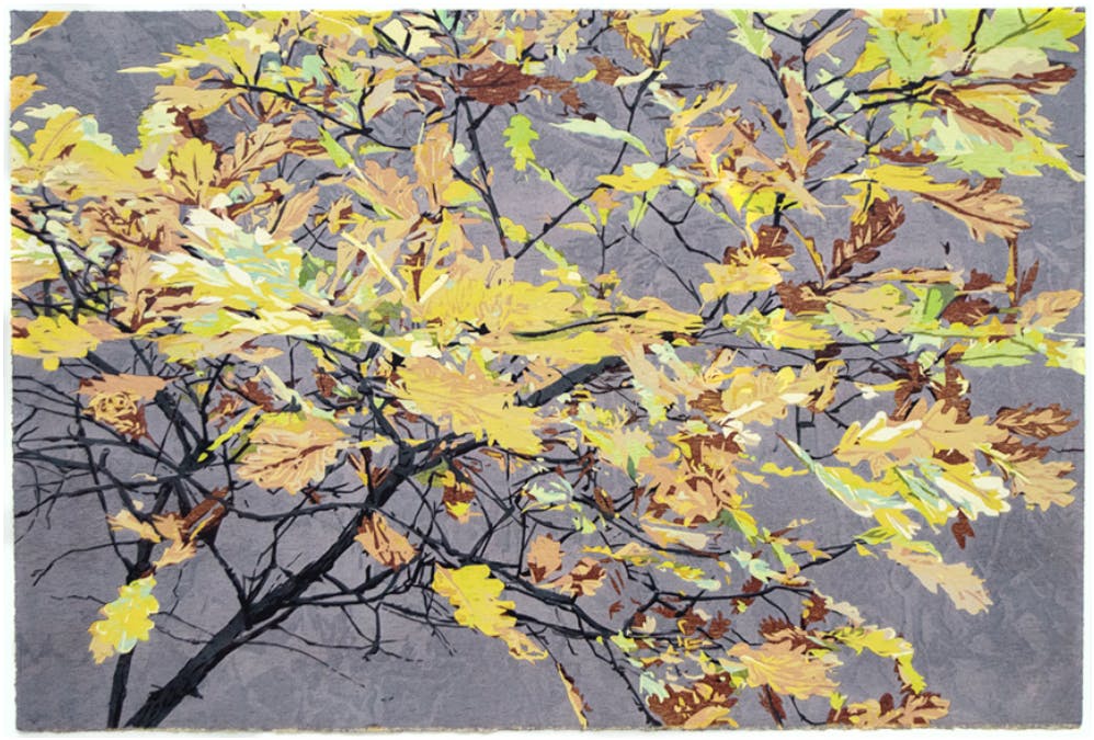 Jean Gumpper's "Clear Day" is a big print. Oak leaves depicted sporting the mottled colors of fall, Jean's image carries the feeling of patterns and movement so wonderful in our leafy world. Leaves are responsive, they continually change; leaves catch the light, they stay honest and hopeful; leaves catch the wind, they are this way and they are that. Working with a woodblock reduction method, Jean's imagery goes right to the edges of full sheets of beautiful french-made cotton paper. She catches in this print all the wonderfulness and potential of a focused appreciation for leaves. "Clear Day" works as a reminder that handmade prints, like leaves, are of a type yet no two are exactly the same.