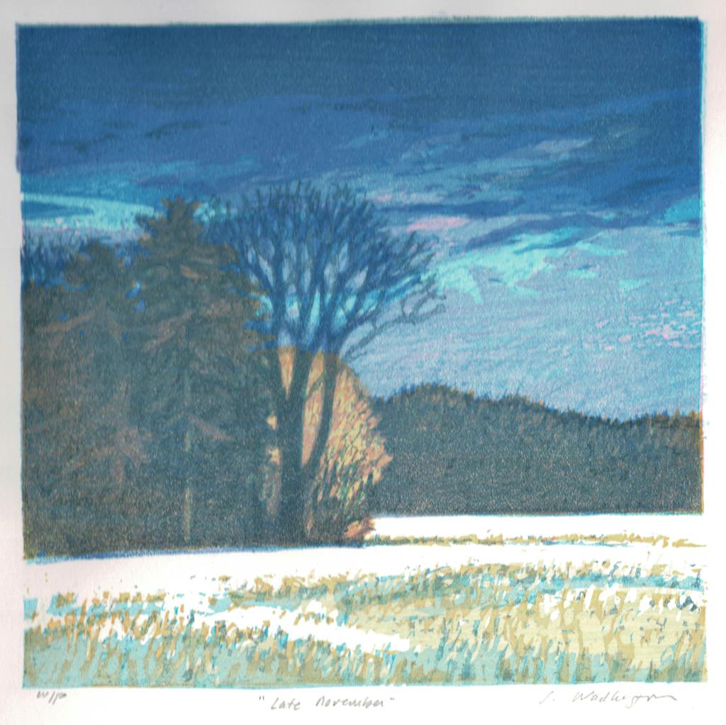 Sandy Wadlington's "Late November" shows some of that leafiness organized into fields, trees, far off forest edges. A main idea in this image, a tidy woodblock made using the Japanese multiple method, is the impression of afternoon sunlight under a cloud-bound sky, slivers of the solar energy that gives leaves a reason to be.