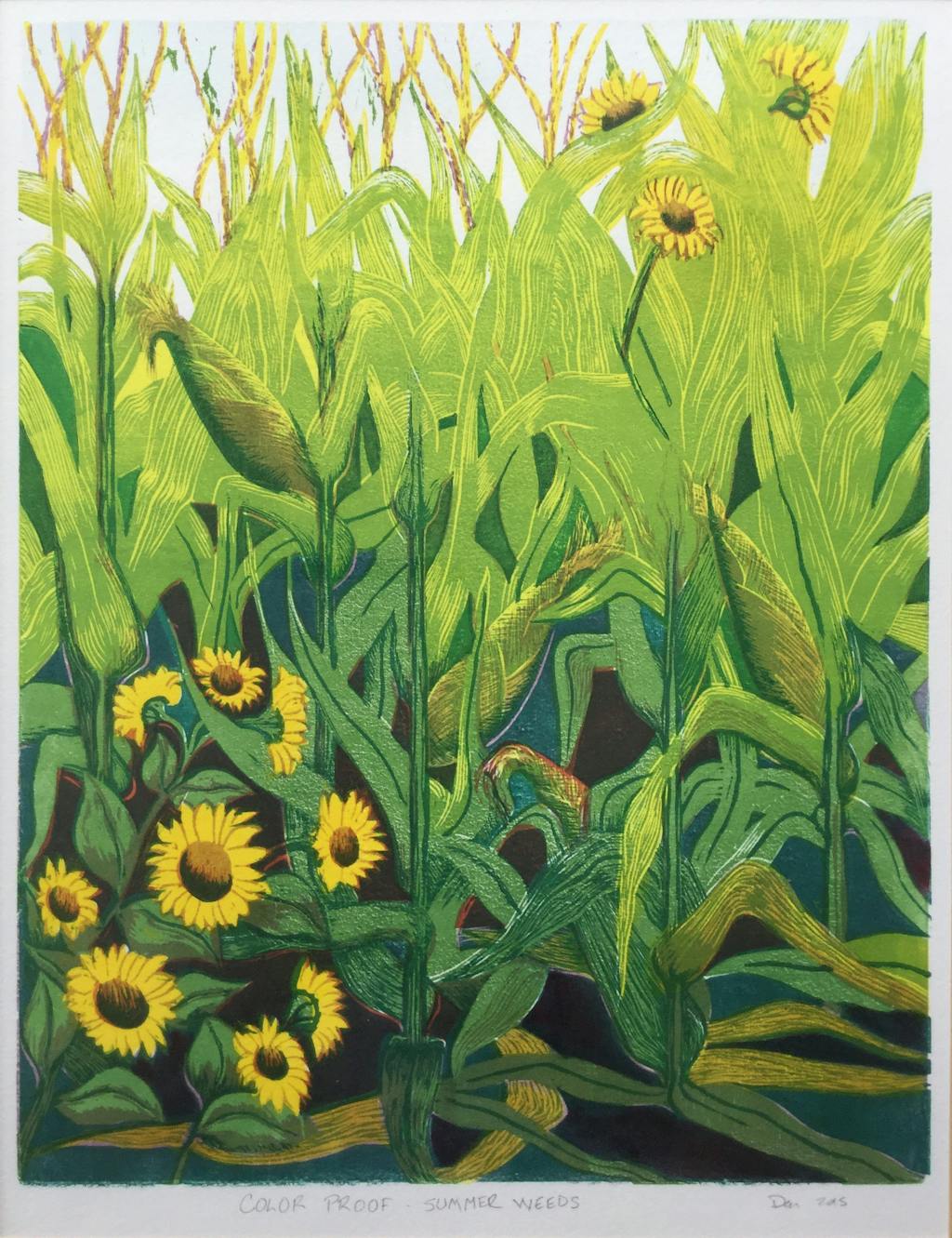 Dave Morgan's "Summer Weeds" is all about it also: leafy, luscious cornstalk leaves getting along just fine with sunflowers or some other invasive plants, photo-synthesizing aspirants also reaching for sunlight and to be seen and known.