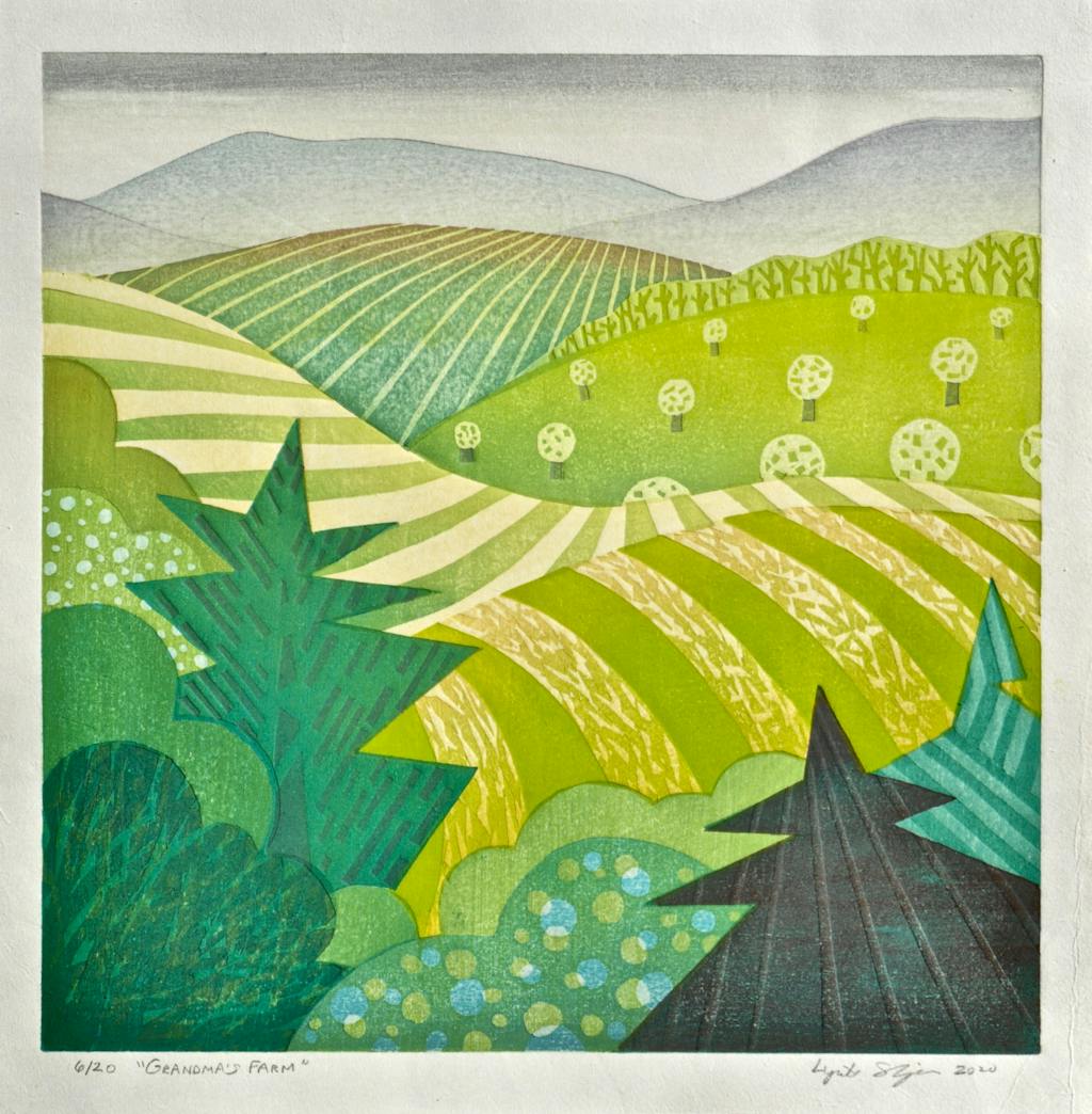 "Grandma's Farm", color woodblock print by Lynita Shimizu, 12" x 12"