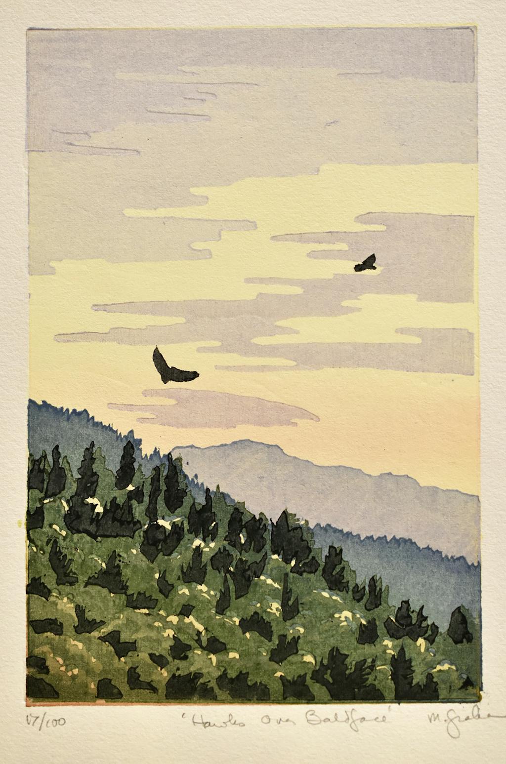 “Hawks over Baldface", color woodblock print by Mary Graham, 6" x 4"