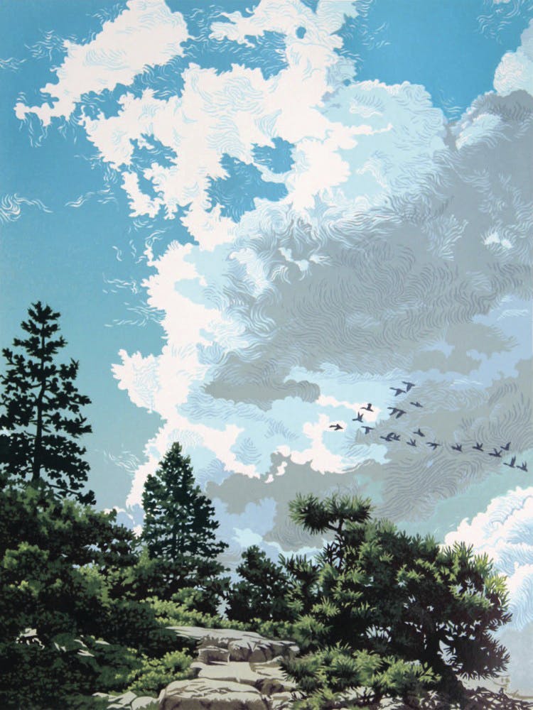 "Migrant Sky", color linocut print by William Hays, 12" x 9"