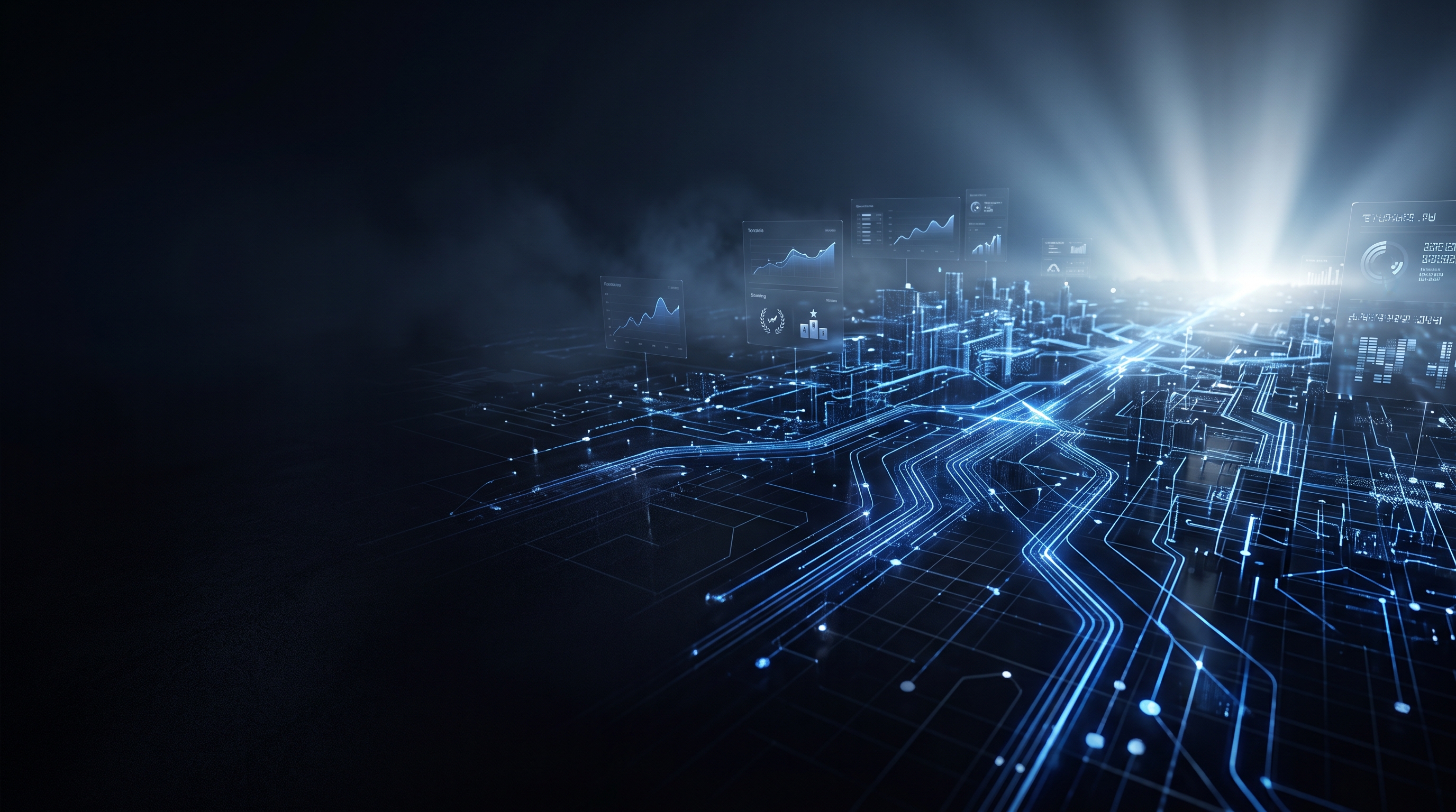 Futuristic digital landscape with glowing data streams and connected technology representing online visibility and business growth.