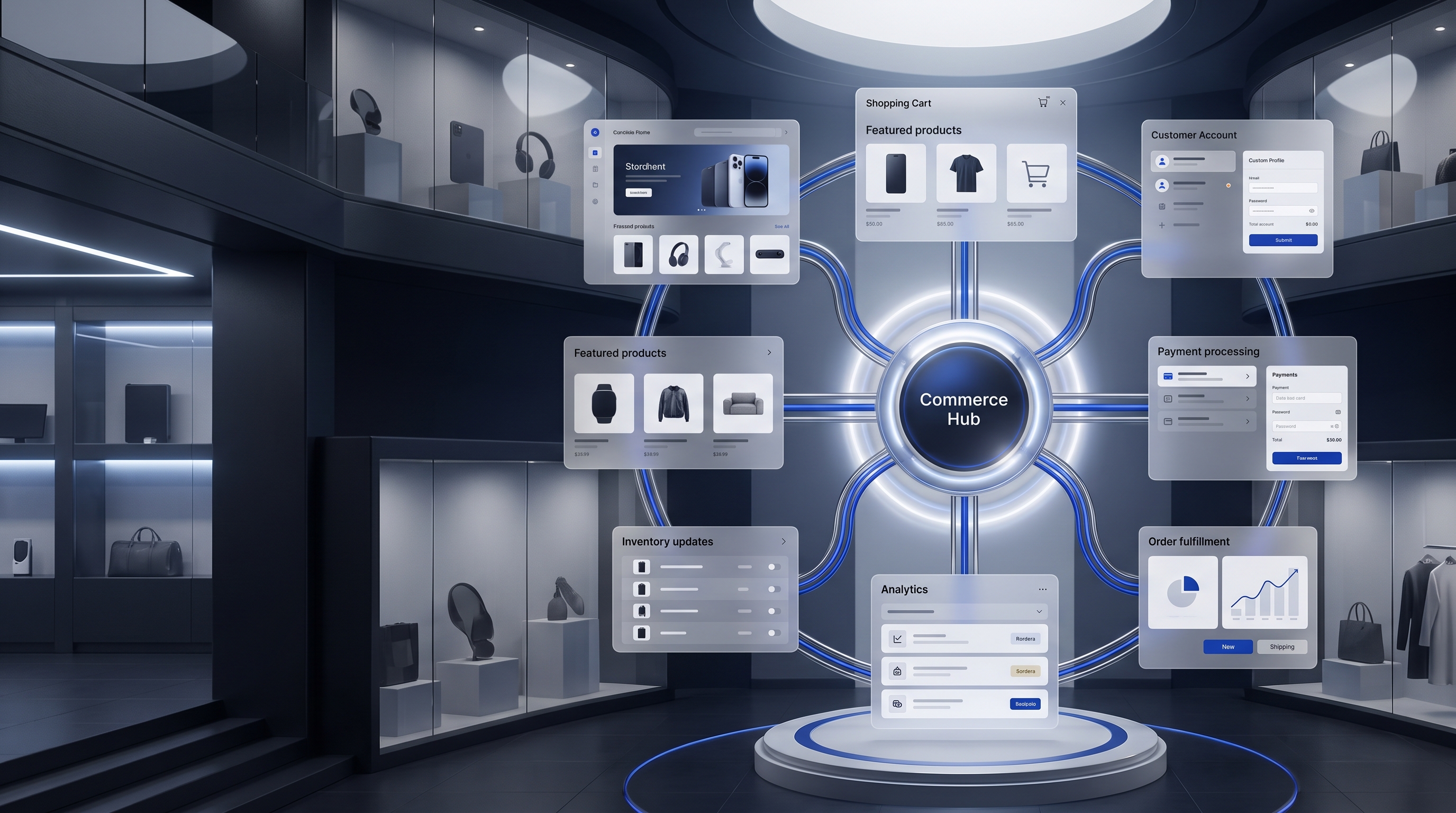Futuristic digital marketplace with connected online storefronts, products, and secure payment systems.