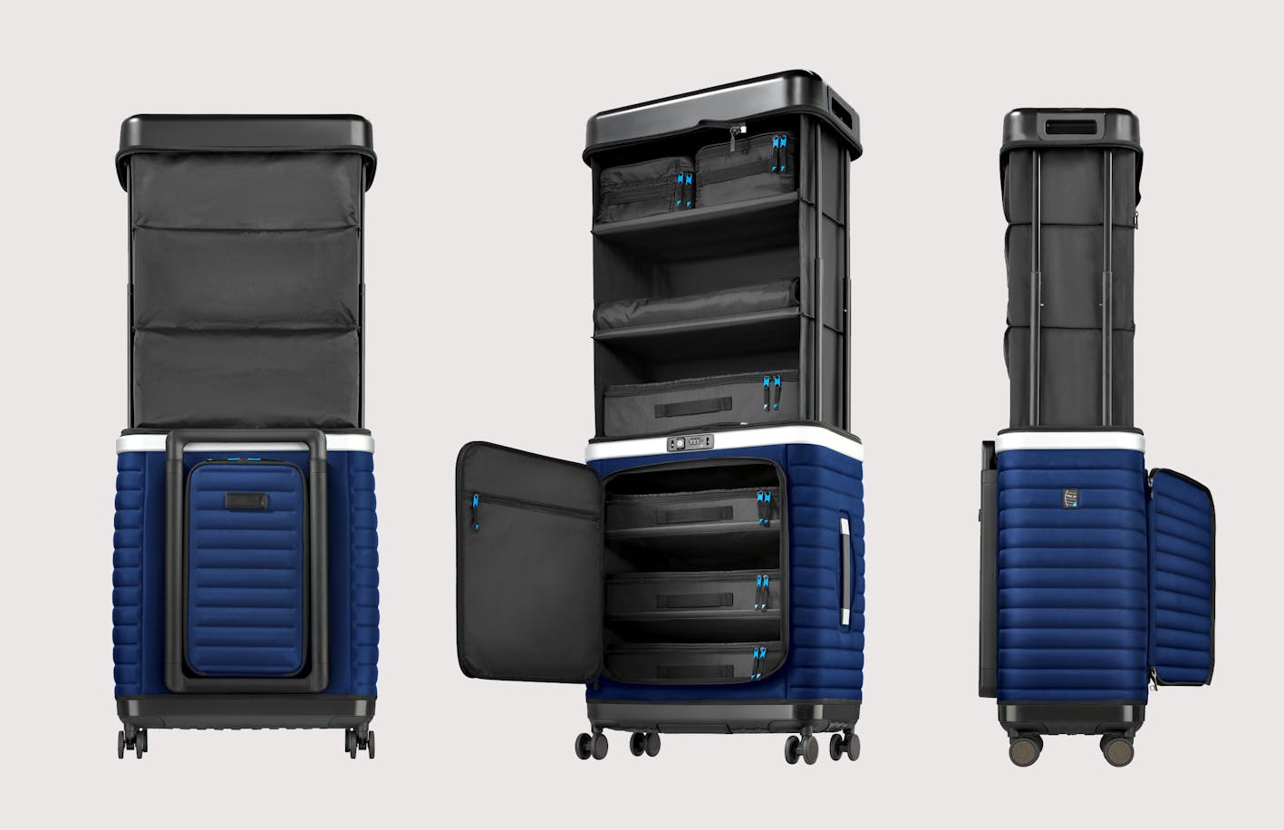 Pull Up Suitcase in blue - opened and pulled out in different views