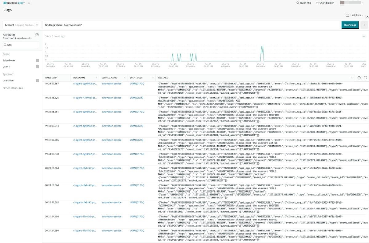 Figure 4. Log data displayed in New Relic One (image pixelated for security).