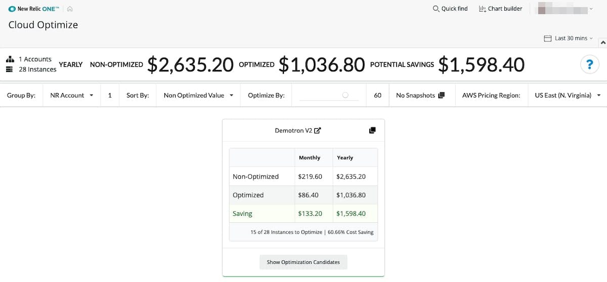Figure 15. New Relic Cloud Optimize tool showing potential savings.