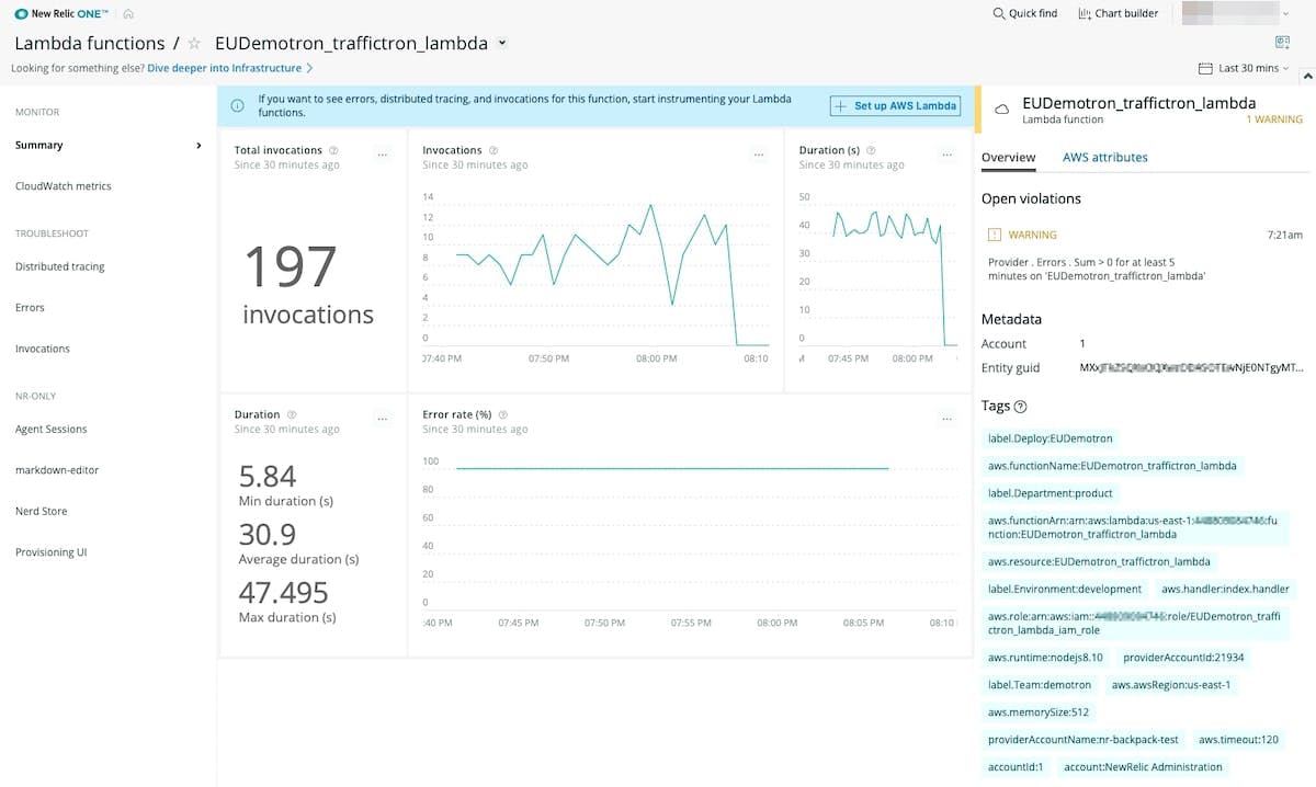 Figure 13. New Relic monitoring for AWS Lambda