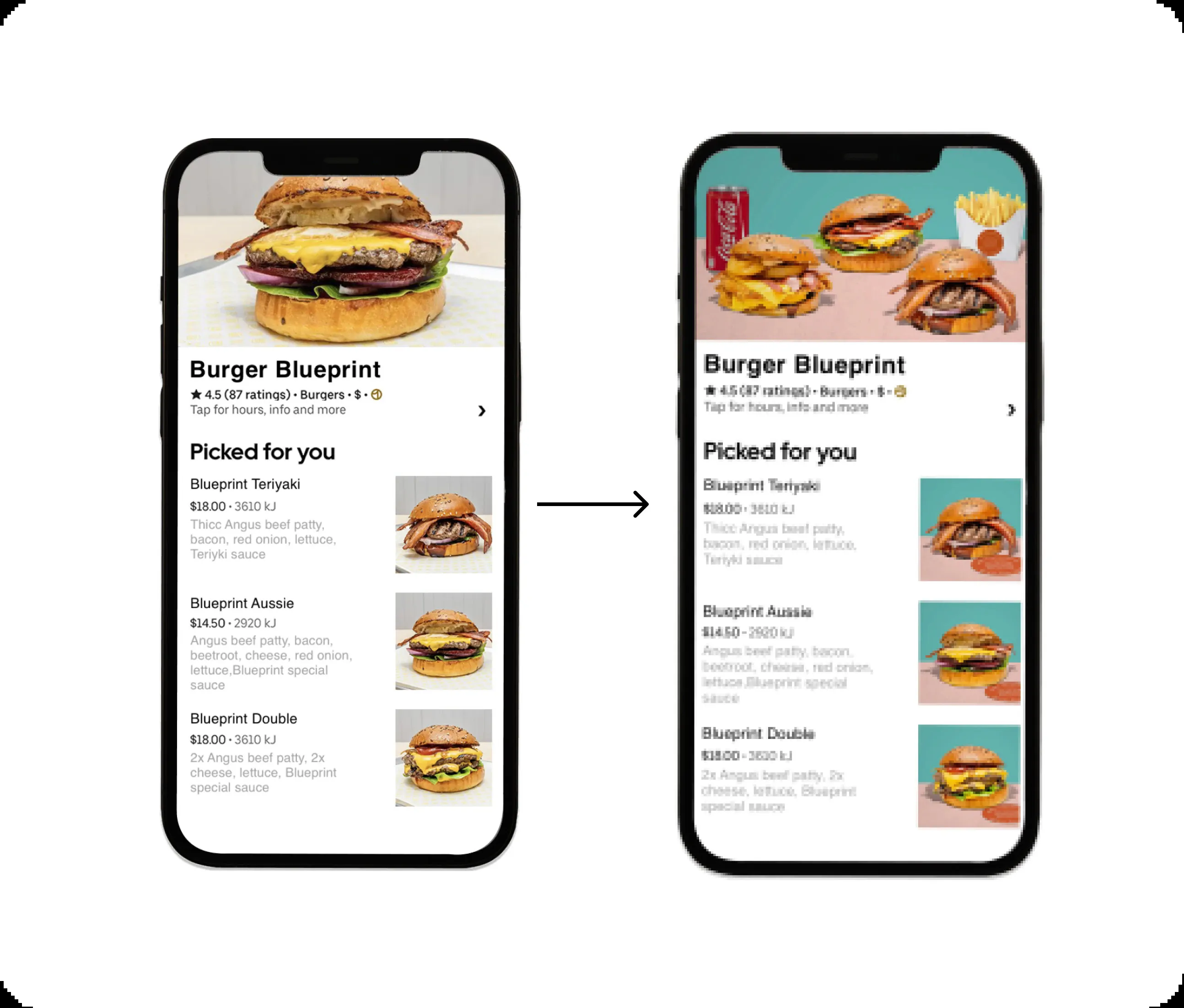 Image of mobile renders showing before after images of delivery apps with improved menu images