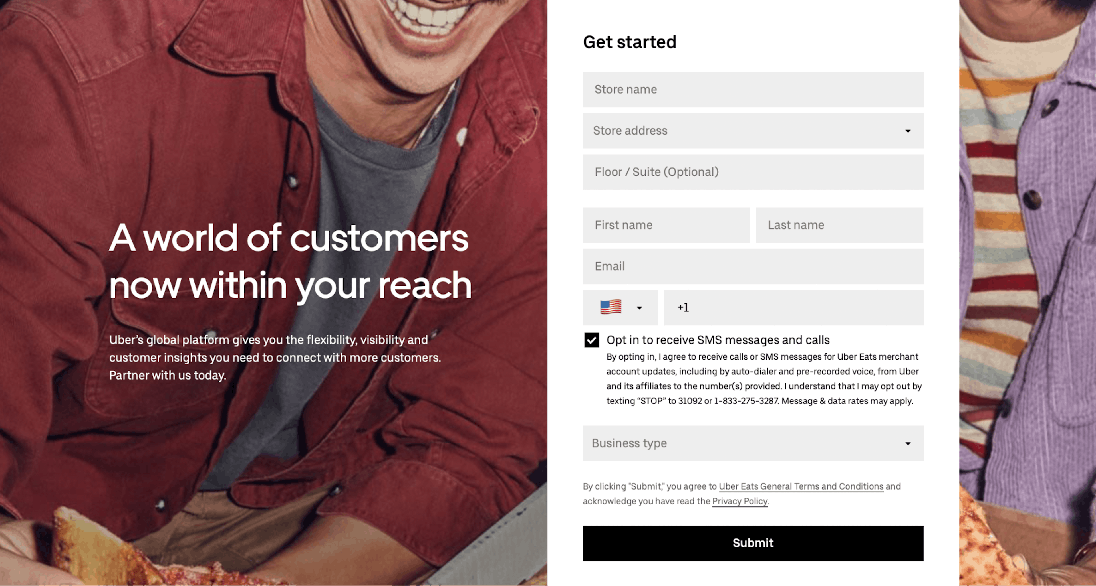 Image of the Uber Eats restaurant merchant sign up form