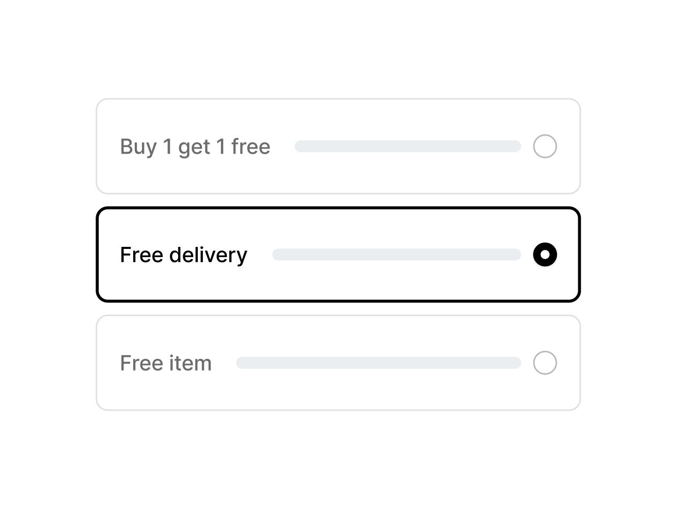 Image of types of promotions available for toggle: Buy 1 get 1 free, Free delivery, Free item