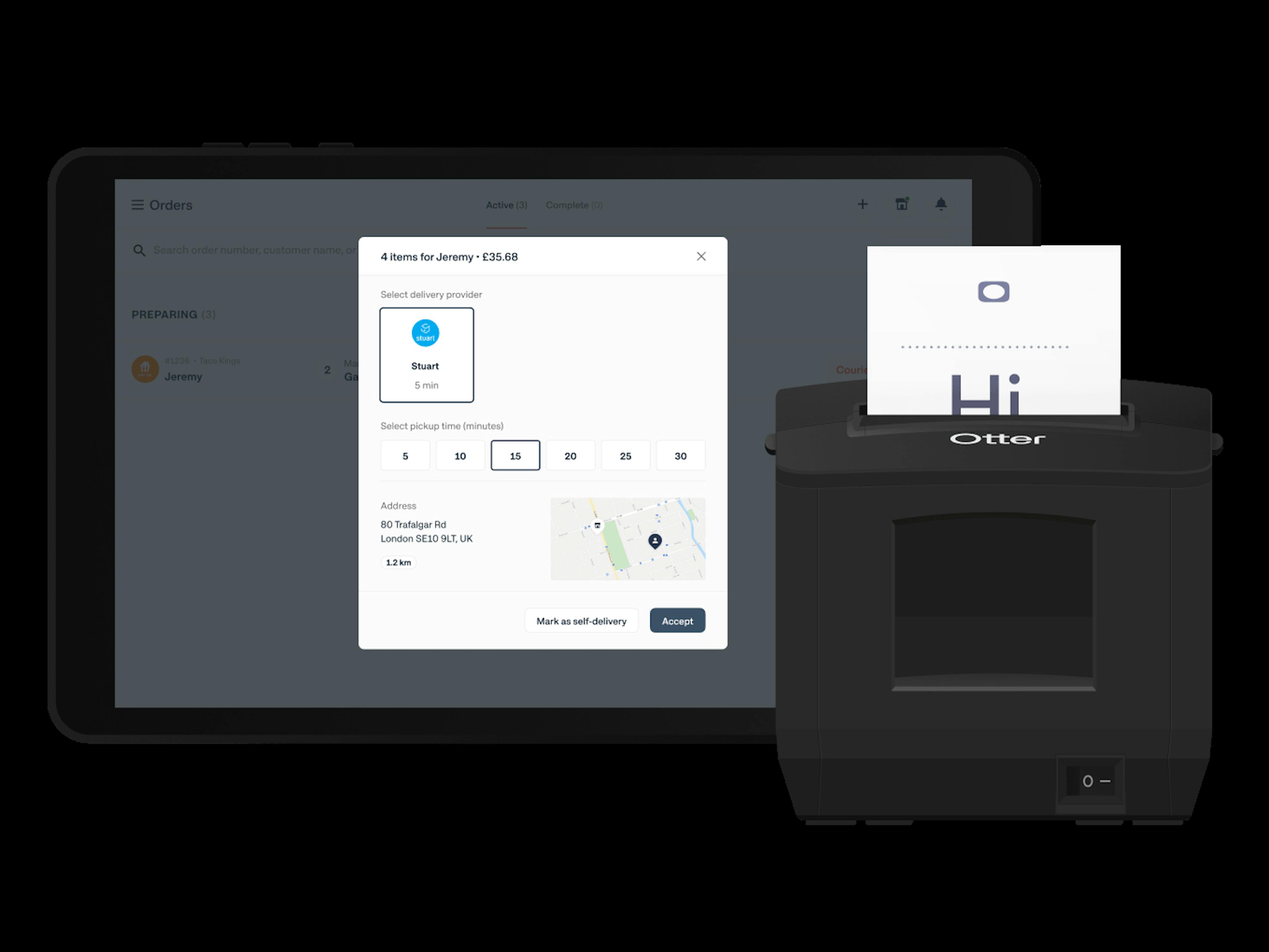 Image of a order management tablet displaying delivery options and a order ticket printer on the side