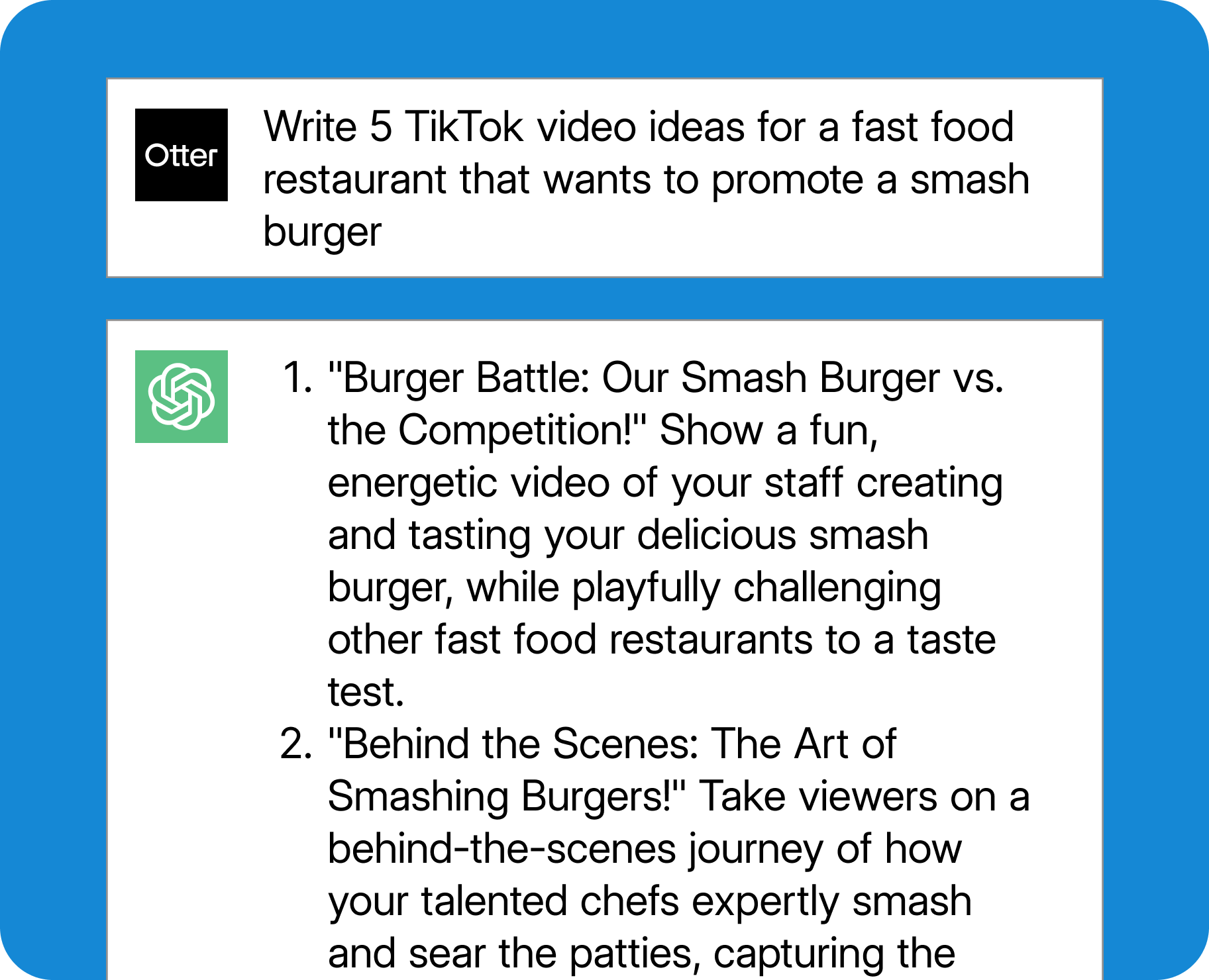 An example ChatGPT prompt for restaurant-focused TikTok ideas.