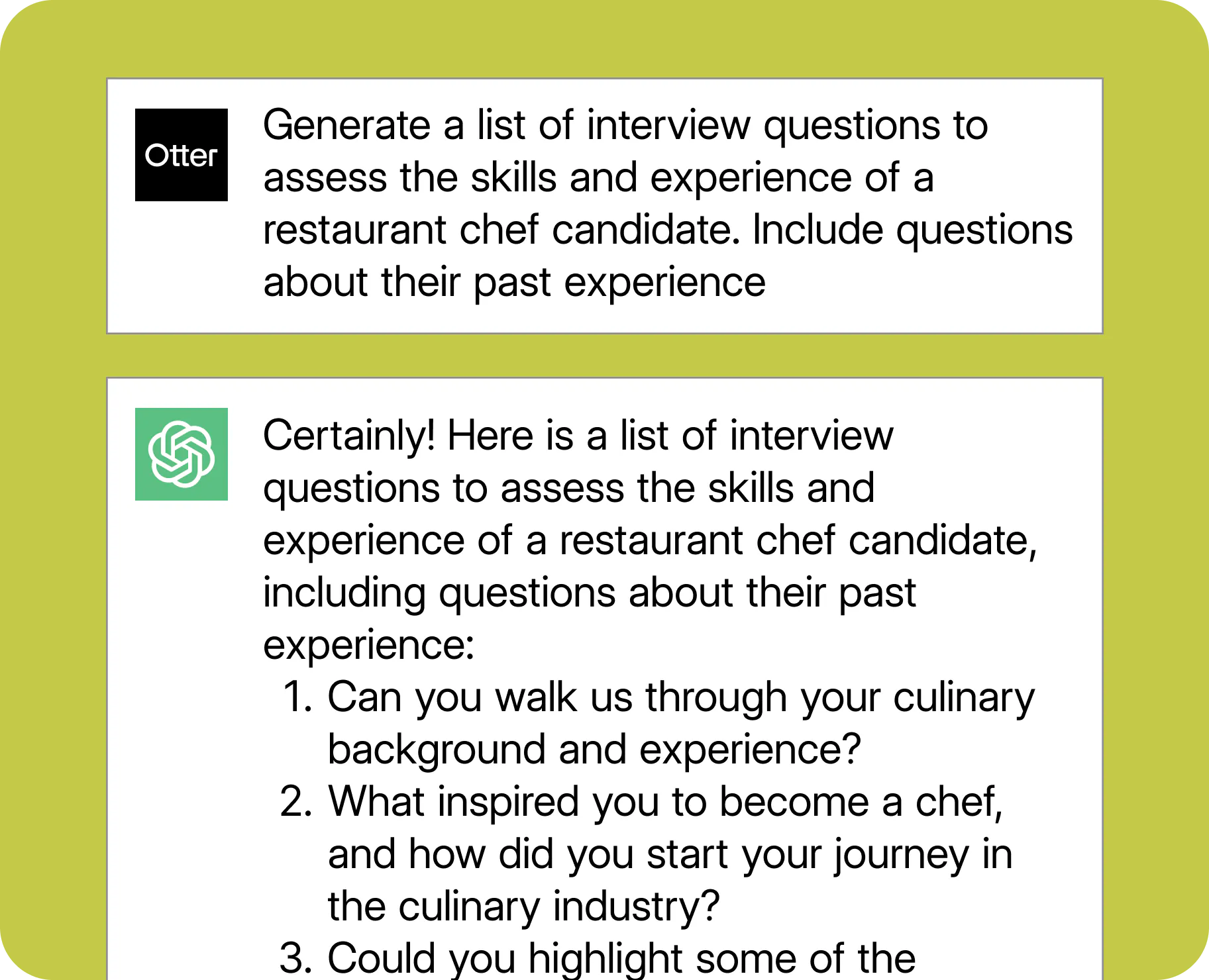 An example ChatGPT prompt for restaurant-focused interview questions. 