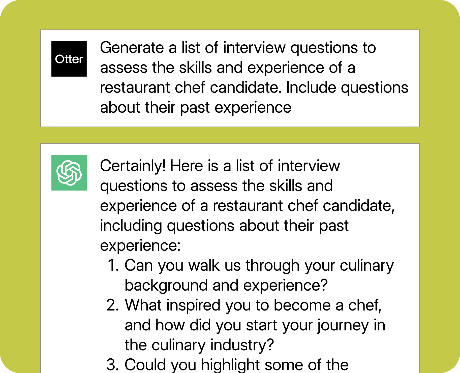 An example ChatGPT prompt for restaurant-focused interview questions.