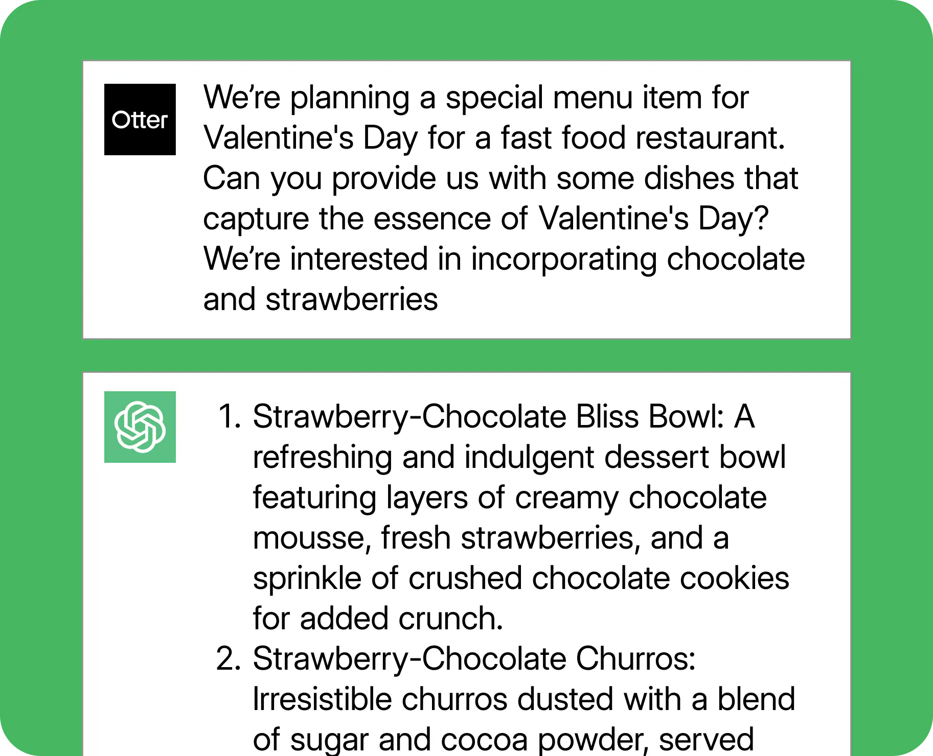 An example ChatGPT prompt for restaurant-focused event menus.