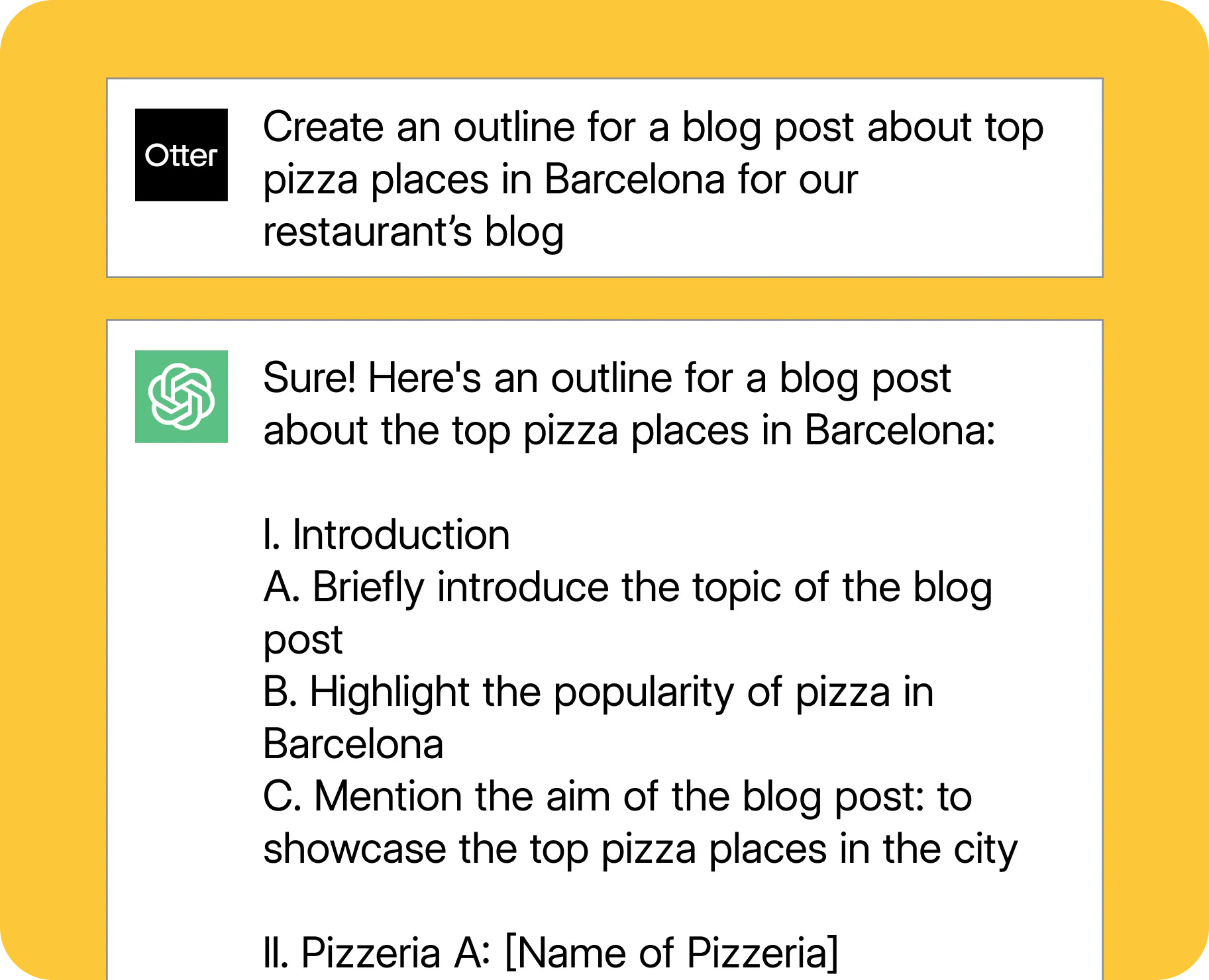 An example ChatGPT prompt for a restaurant blog outline.