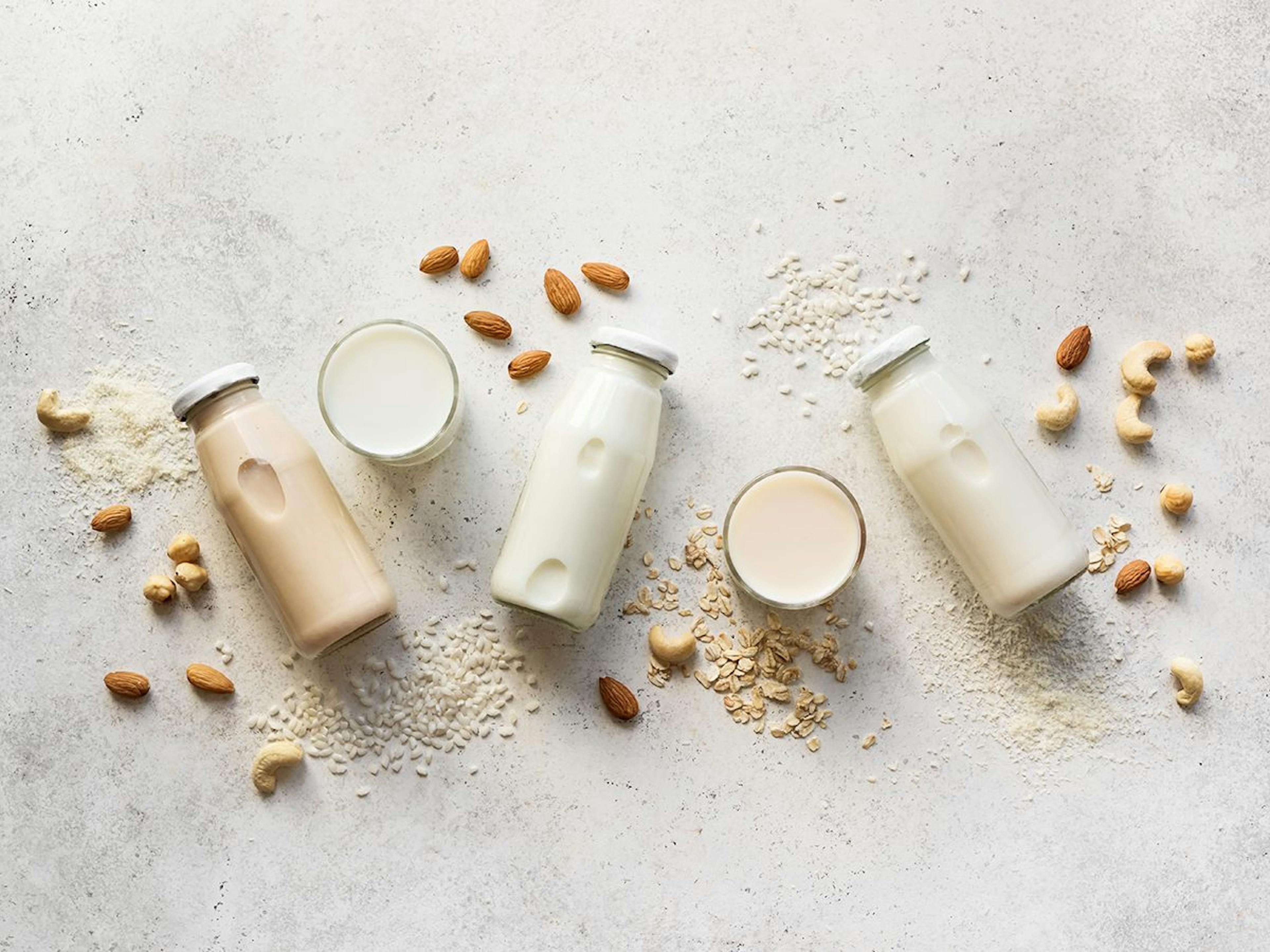 Image of nut milk placed in a flatlay