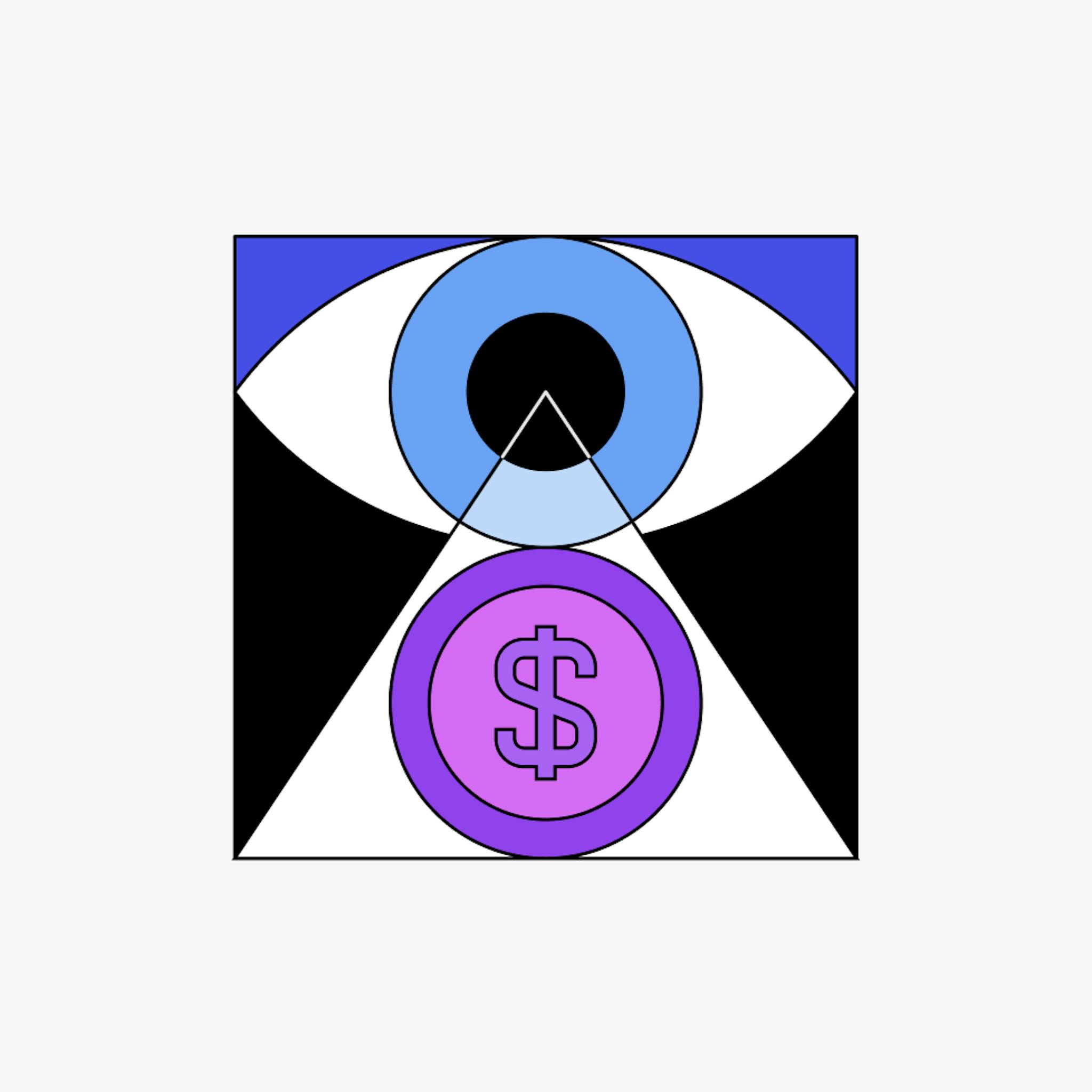 Abstract illustration of a blue eye and purple dollar signs 