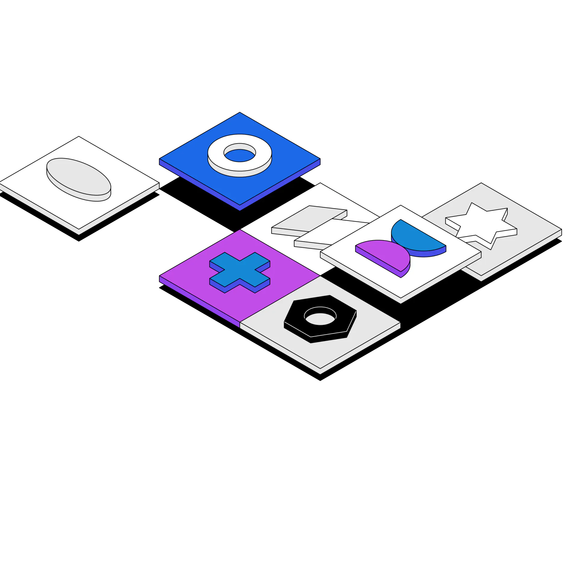 Collage of abstract icons in blue, white, purple, gray, and black