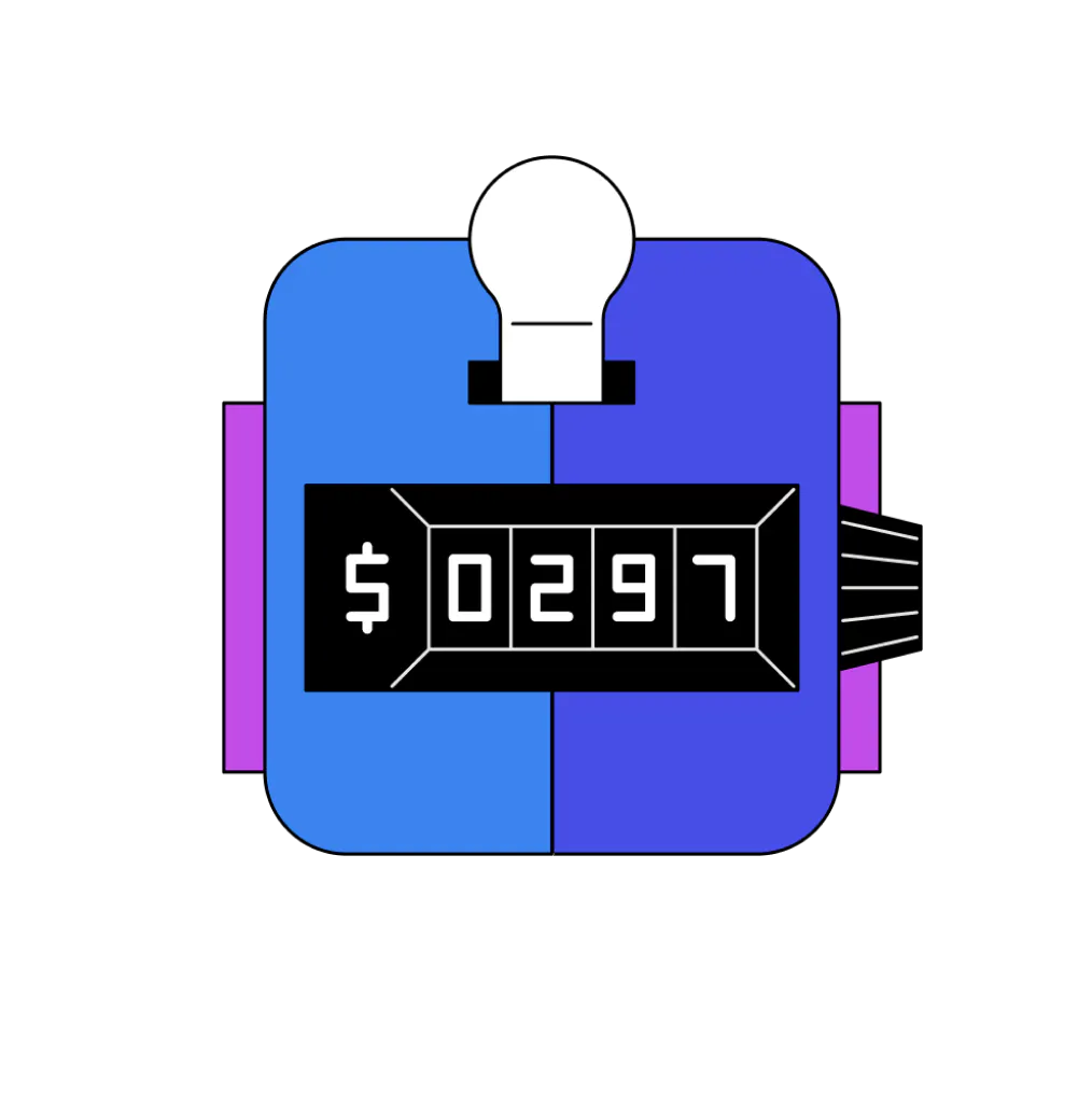 A purple, blue, and magenta illustrated counter