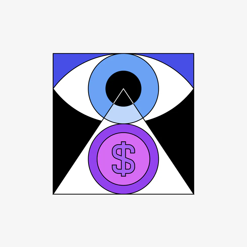 Abstract illustration of a blue eye and purple dollar signs