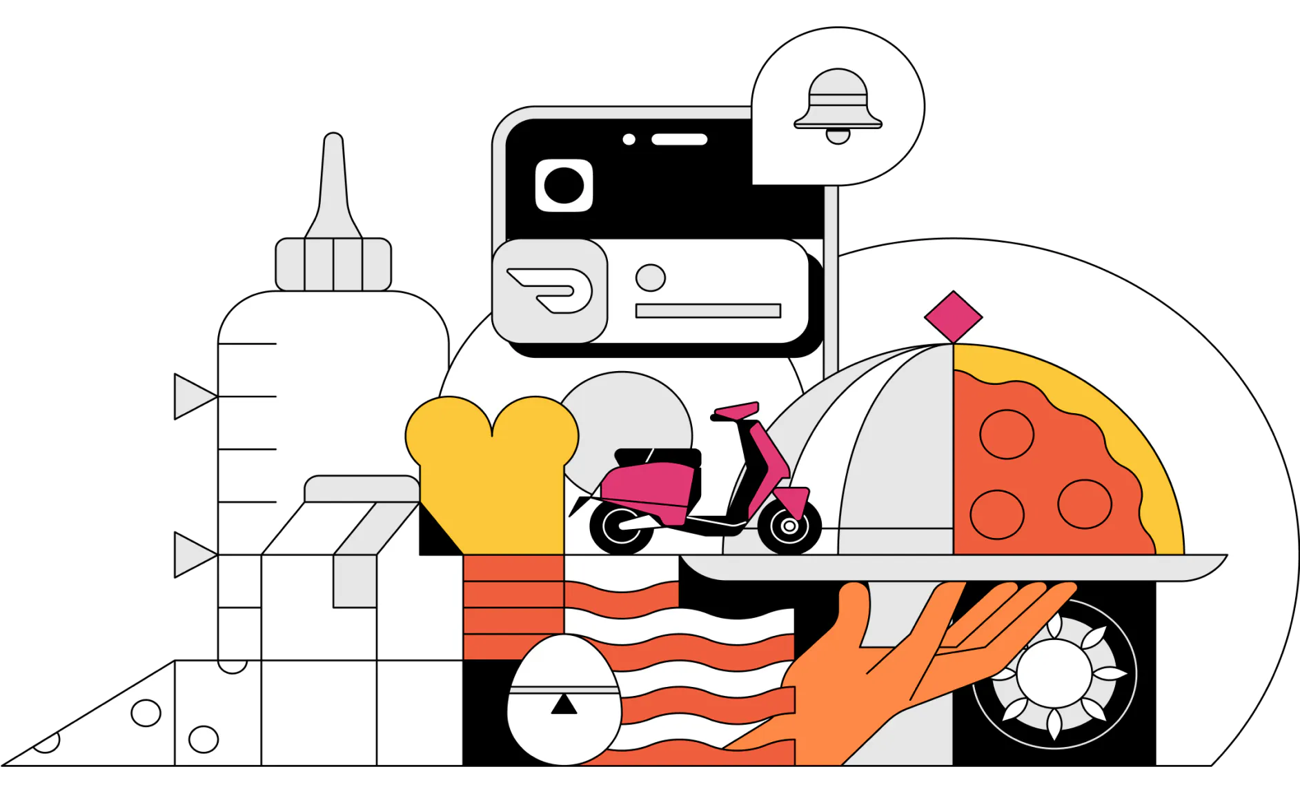 Multicolored illustrated collage of food related icons