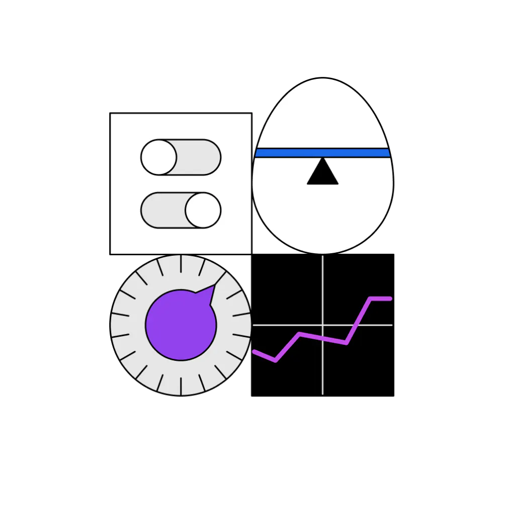 Abstract illustrations of toggle, graphs and dials with purple accent colors