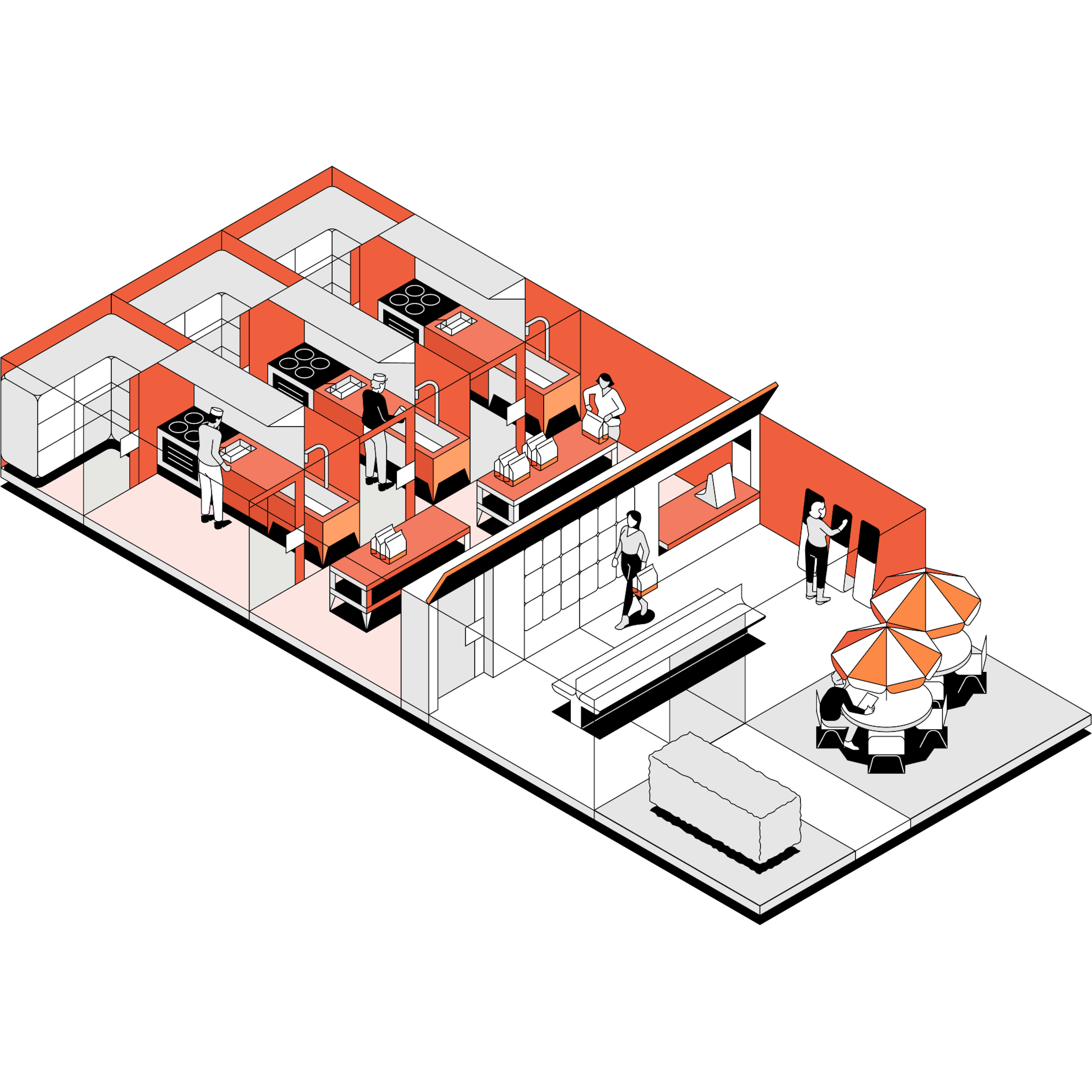 Illustrated restaurant with orange highlights